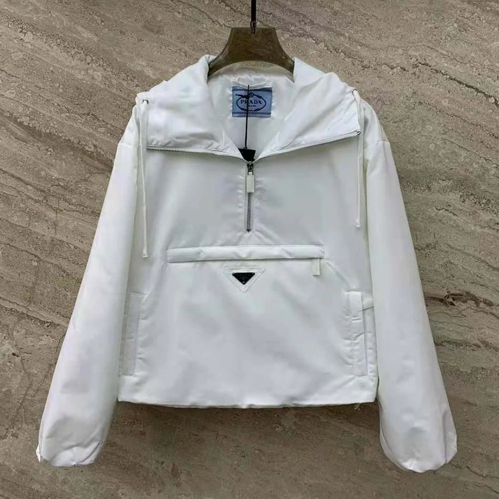 Prada Padded Duchesse Jacket with Enameled Metal Triangle Logo for Women in White