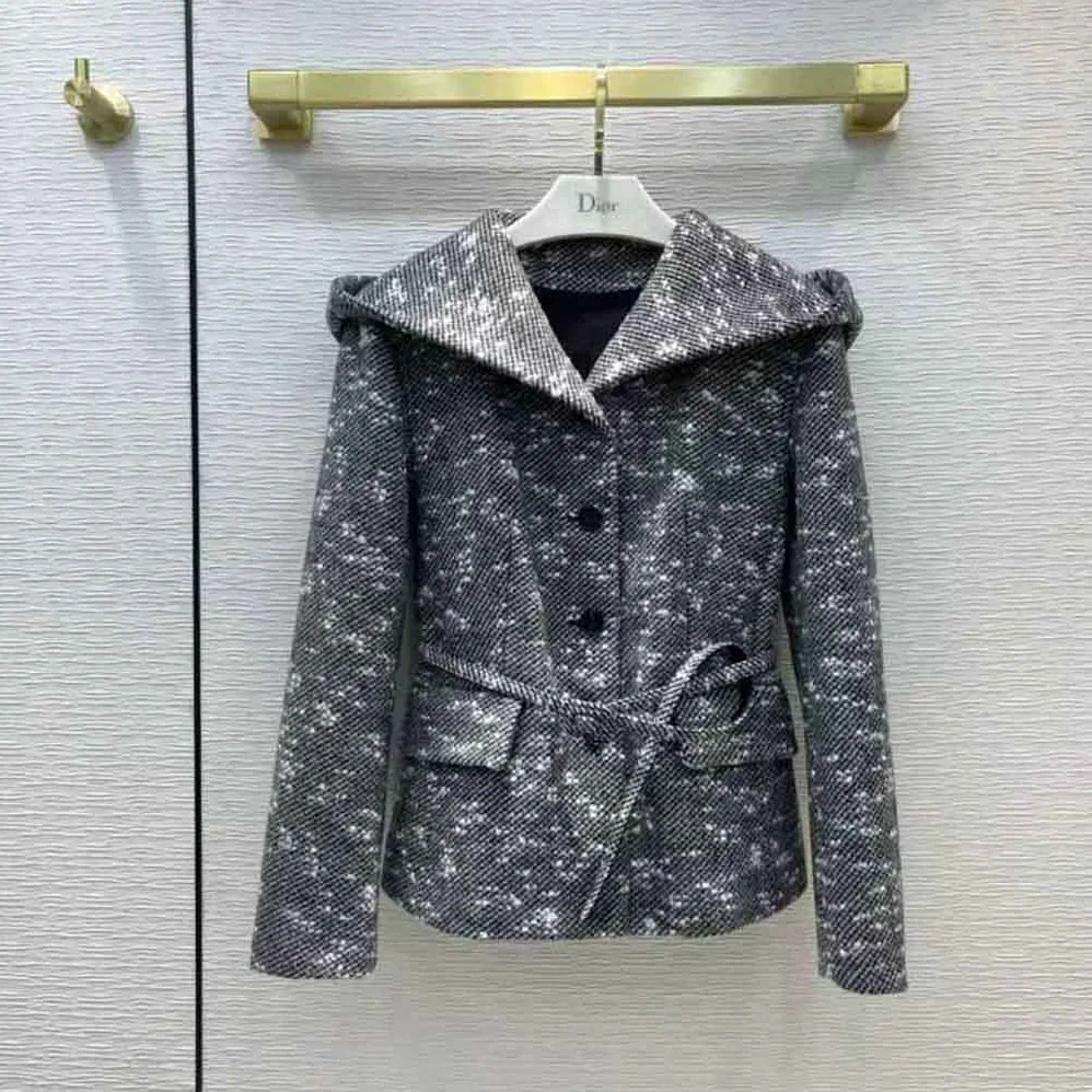 Dior Fitted Hooded Jacket Black and White Technical Wool Tweed and Silk for Women