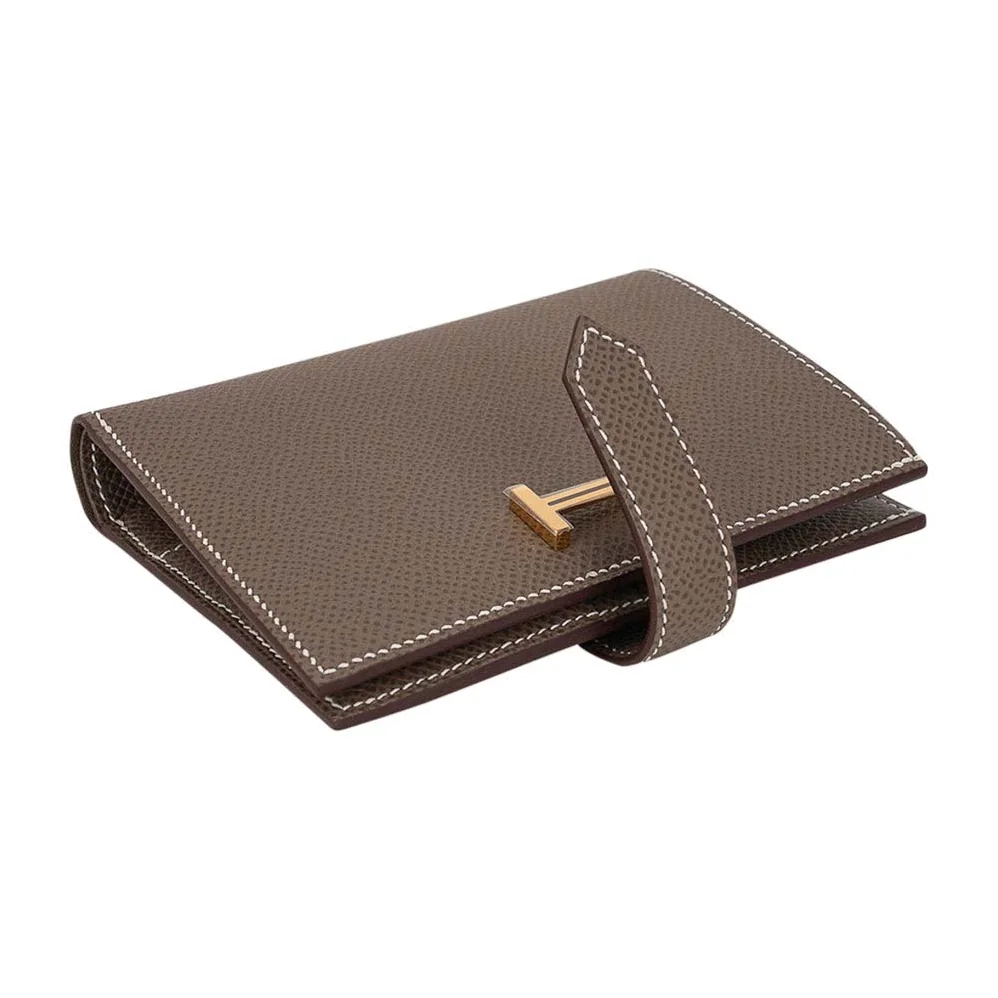Hermes Bearn Compact Wallet Etoupe Gold Hardware Epsom Leather for Men