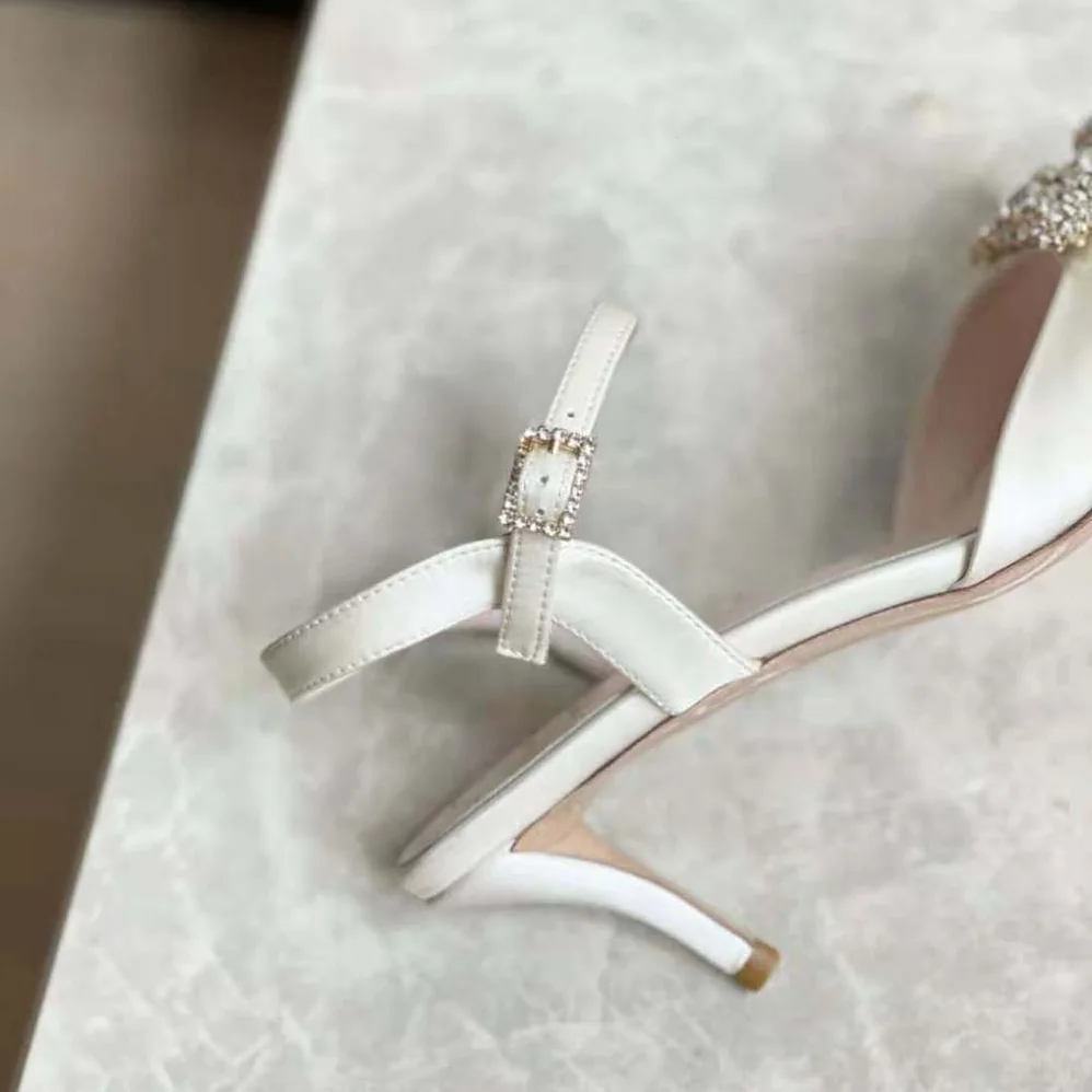 Roger Vivier Flower Strass Buckle Sandals in Satin for Women in White Roger Vivier Flower Strass Buckle Sandals in Satin for Women in White