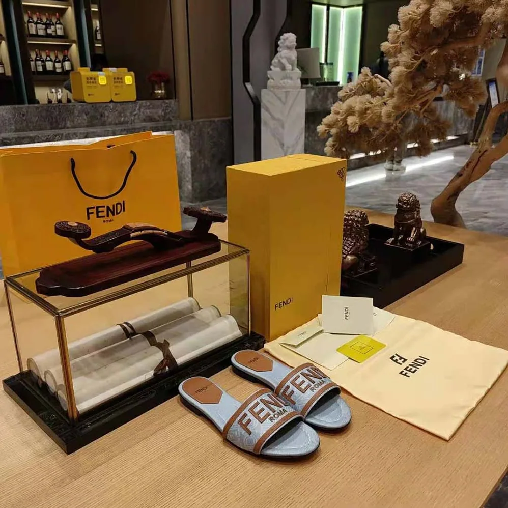 Fendi Signature Light Blue Denim Slides for Women