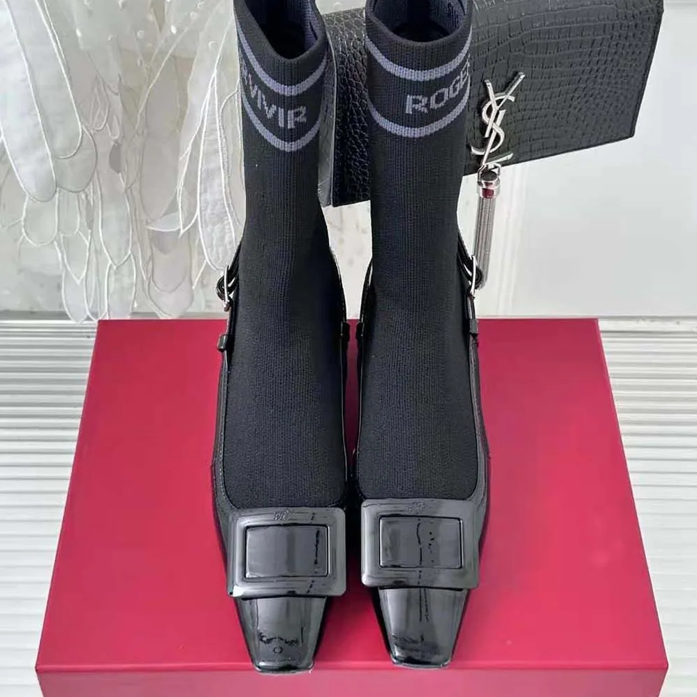 Roger Vivier Belle Vivier Sock Lacquered Buckle Ankle Boots in Patent Leather for Women in Black Roger Vivier Belle Vivier Sock Lacquered Buckle Ankle Boots in Patent Leather for Women in Black