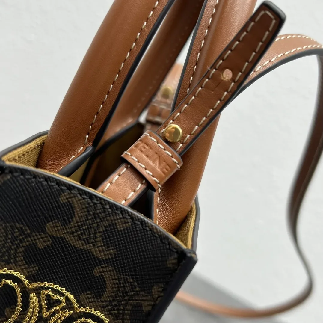 Celine Mini Folco In Triomphe Canvas With Triomphe Heart Embroidery Brown /