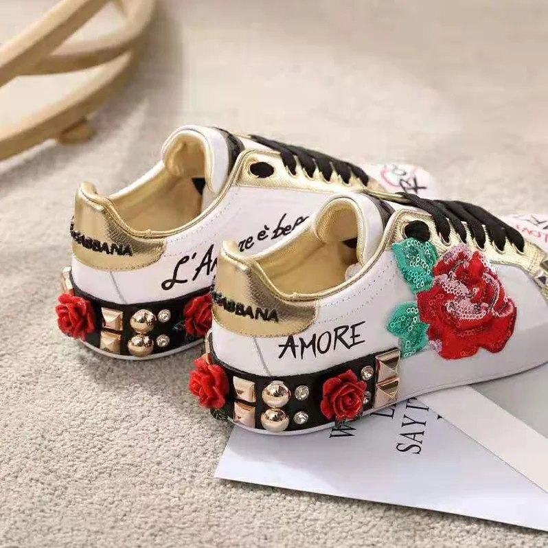 Dolce Gabbana D&G Sneakers in Printed Nappa Calfskin with Applications for Women in White