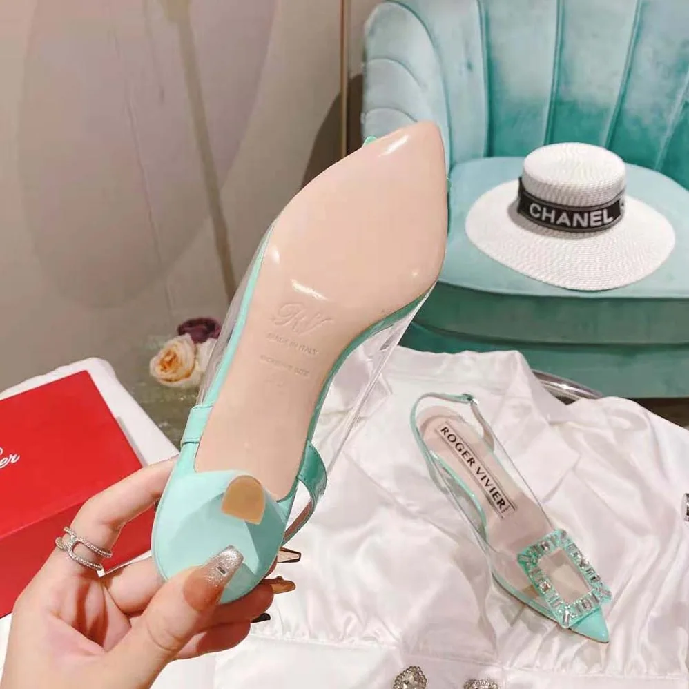 Roger Vivier Virgule Strass Buckle Slingback Pumps in PVC for Women in Lime Roger Vivier Virgule Strass Buckle Slingback Pumps in PVC for Women in Lime