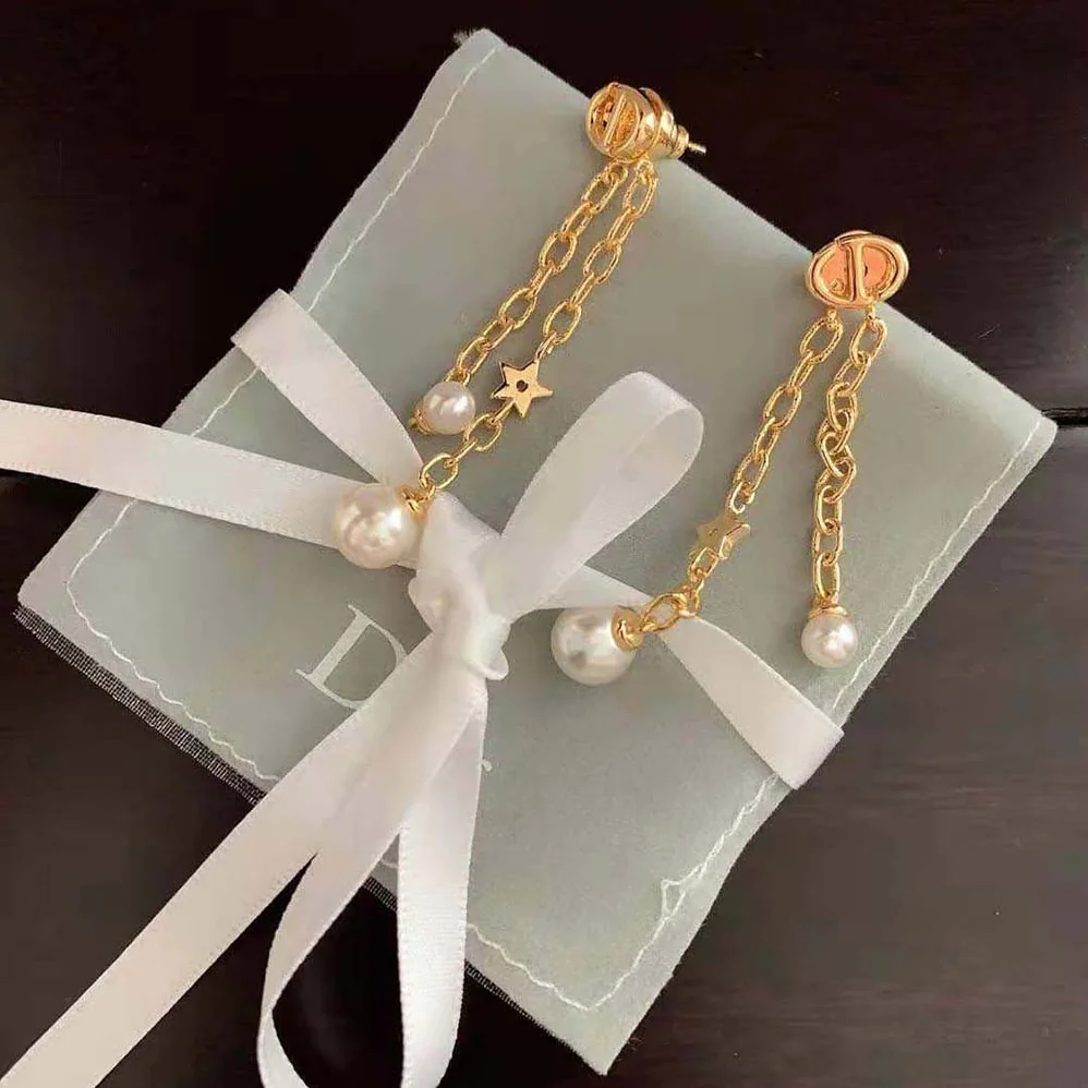 Dior CD Navy Earrings Gold-Finish Metal and White Resin Pearls for Women