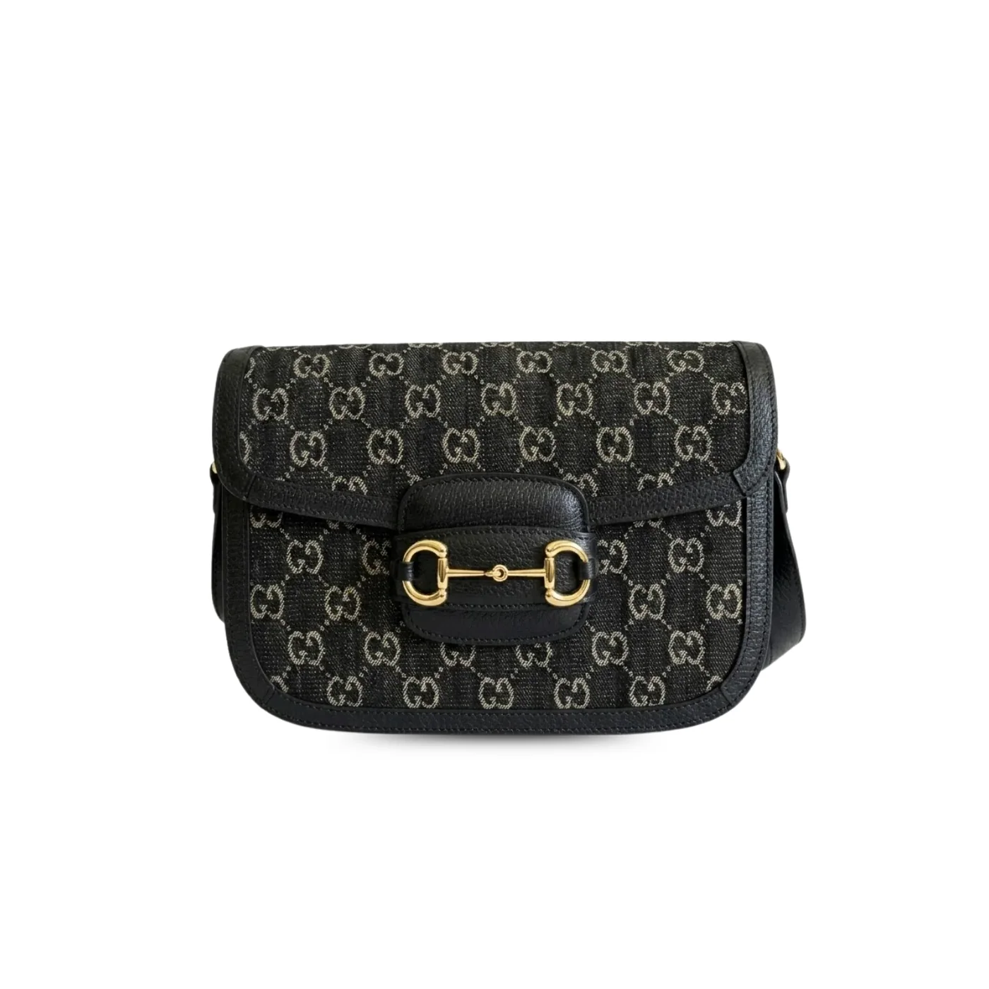 Gucci Horsebit 1955 Shoulder Bag / Black And Ivory GG Denim Jacquard Gold Hardware Gucci Horsebit 1955 Shoulder Bag / Black And Ivory GG Denim Jacquard Gold Hardware