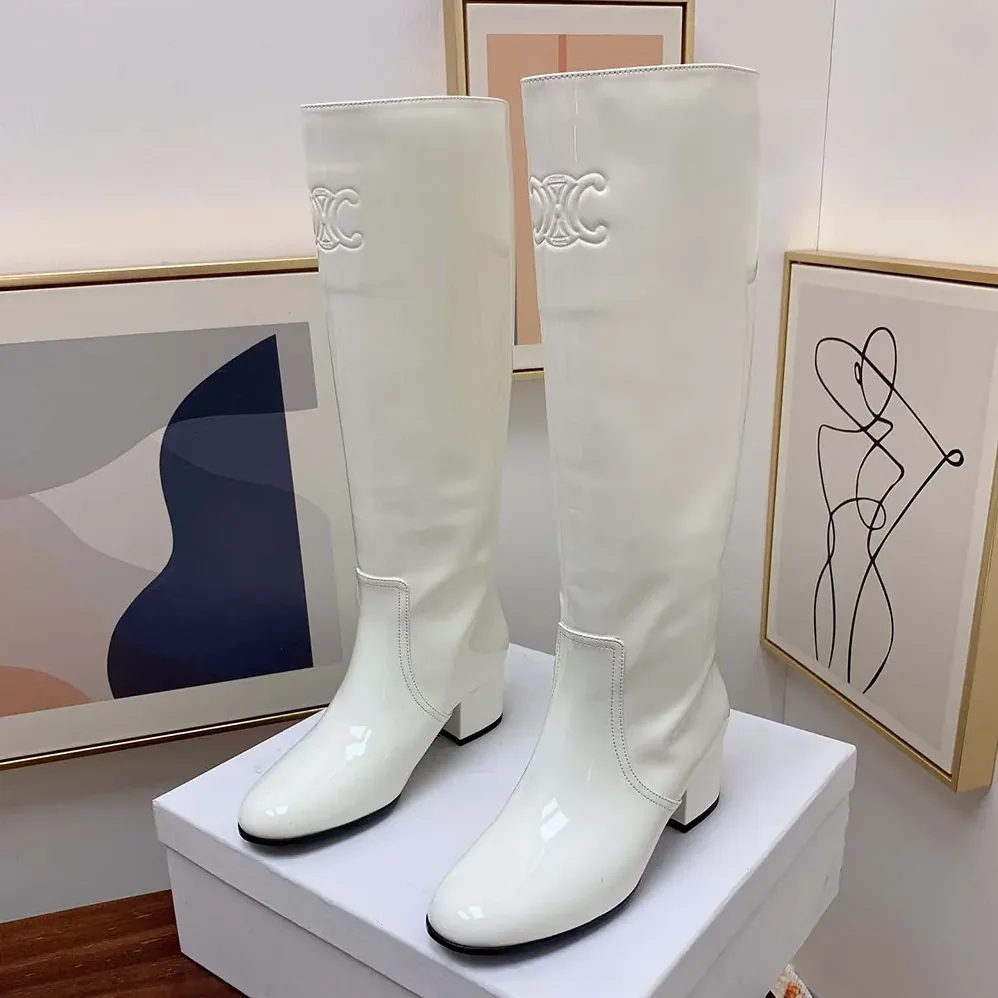 Celine Les Bottes Celine Triomphe High Boot in Patent Calfskin for Women in White