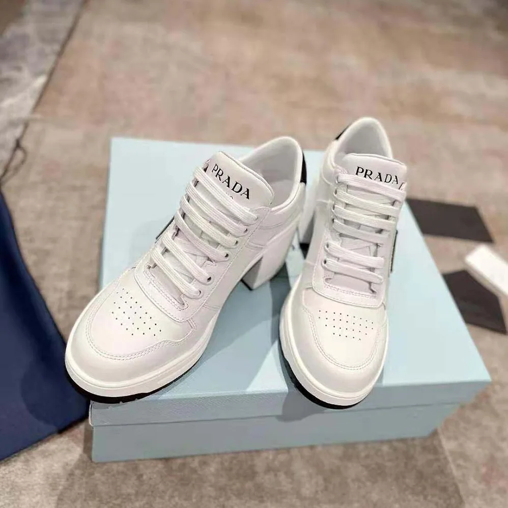 Prada Downtown High-Heeled Leather Sneakers for Women in White Prada Downtown High-Heeled Leather Sneakers for Women in White