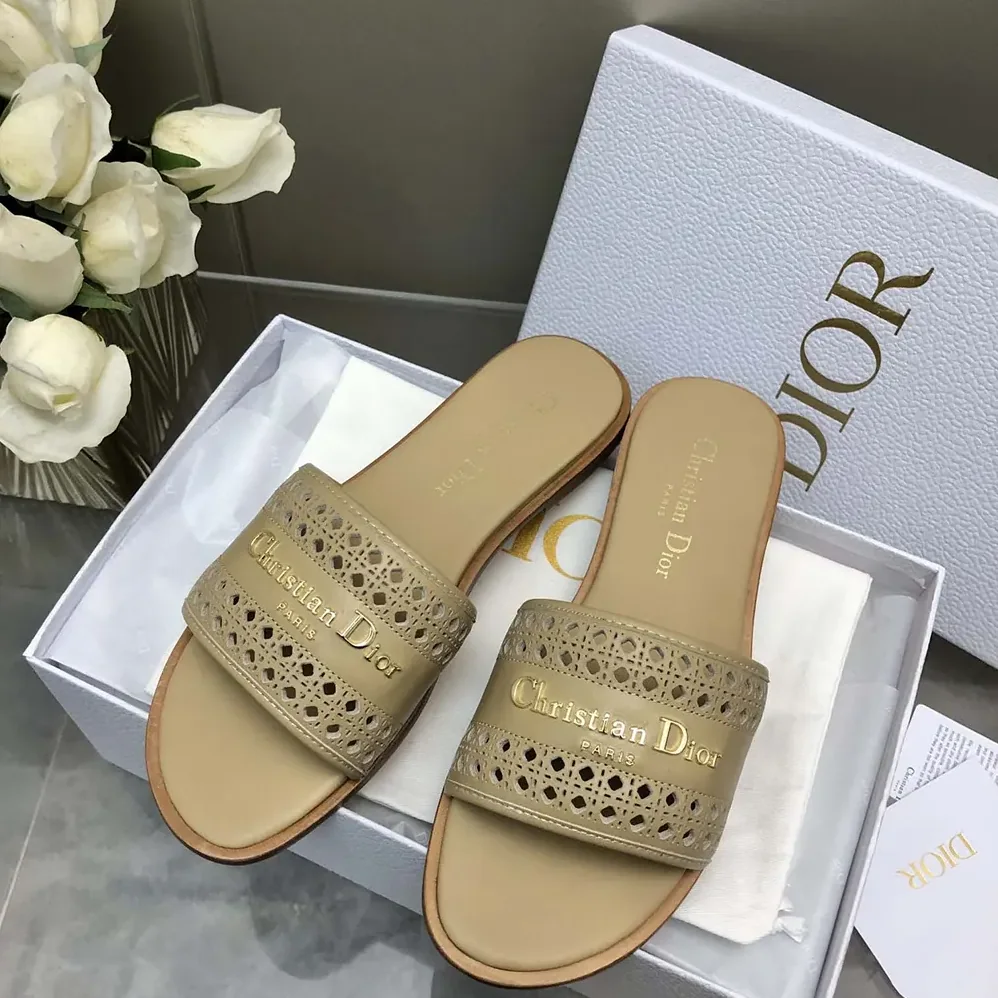 Dior D-Lane Slide Beige Calfskin with Openwork Microcannage Motif for Women Dior D-Lane Slide Beige Calfskin with Openwork Microcannage Motif for Women