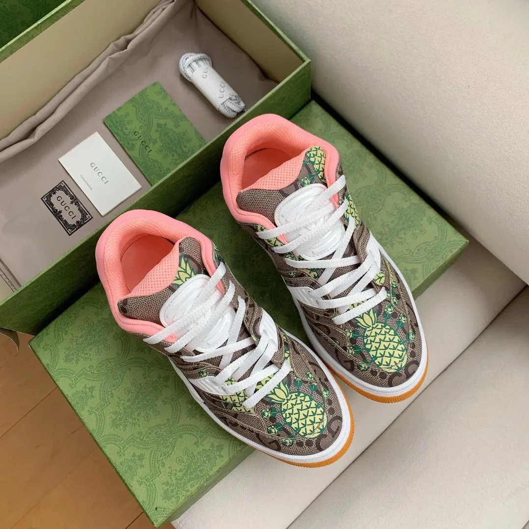 Gucci Basket Sneaker Print Pineapple Brown Pink for Women Gucci Basket Sneaker Print Pineapple Brown Pink for Women