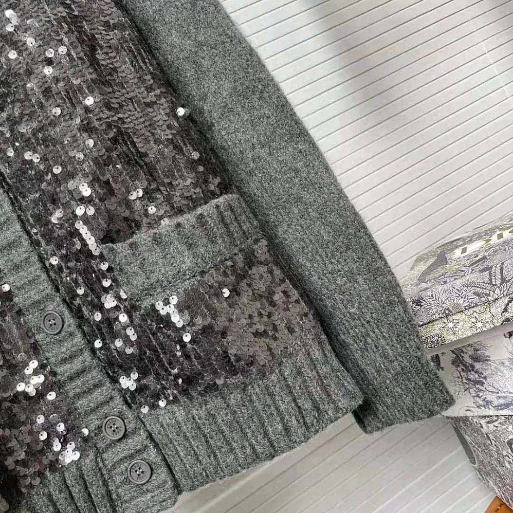 Prada Sequin Embellished Wool Cardigan for Women in Silver Prada Sequin Embellished Wool Cardigan for Women in Silver