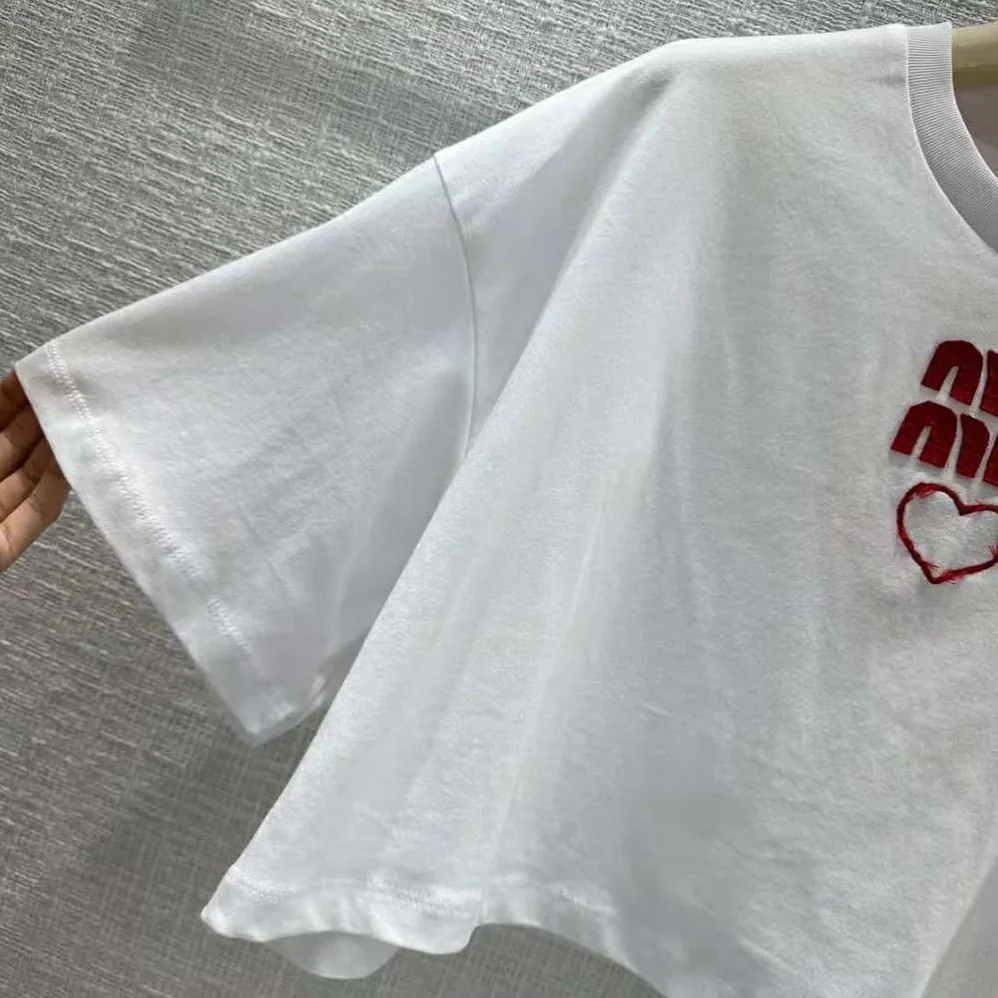 Miu Miu Embroidered Cotton Jersey T-shirt with Contrasting Logo for Women in White