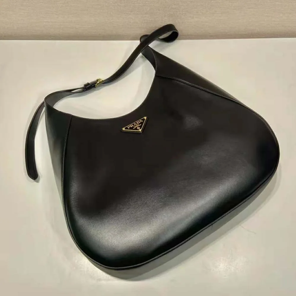 Prada Large Leather Shoulder Bag with Topstitching for Women in Black Prada Large Leather Shoulder Bag with Topstitching for Women in Black