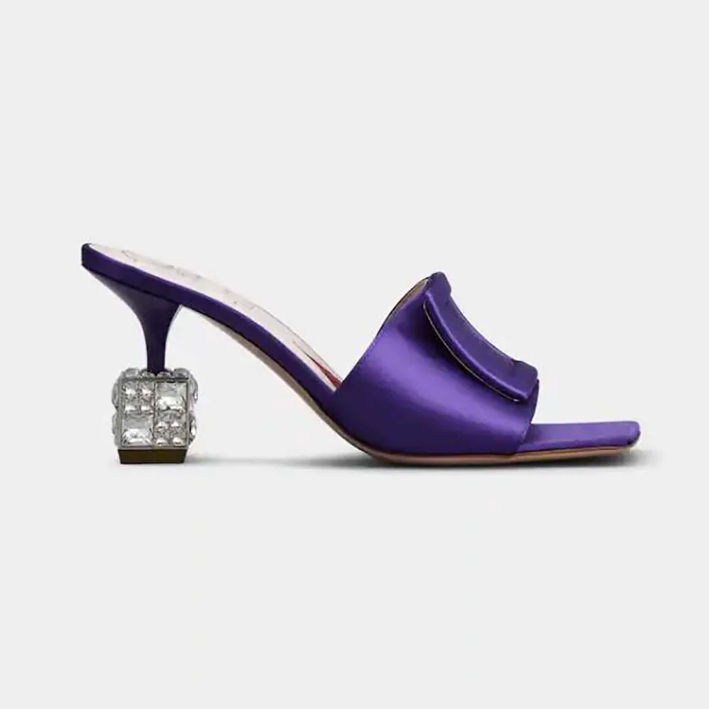 Roger Vivier Cube Strass Heel Mules in Satin for Women in Purple Roger Vivier Cube Strass Heel Mules in Satin for Women in Purple