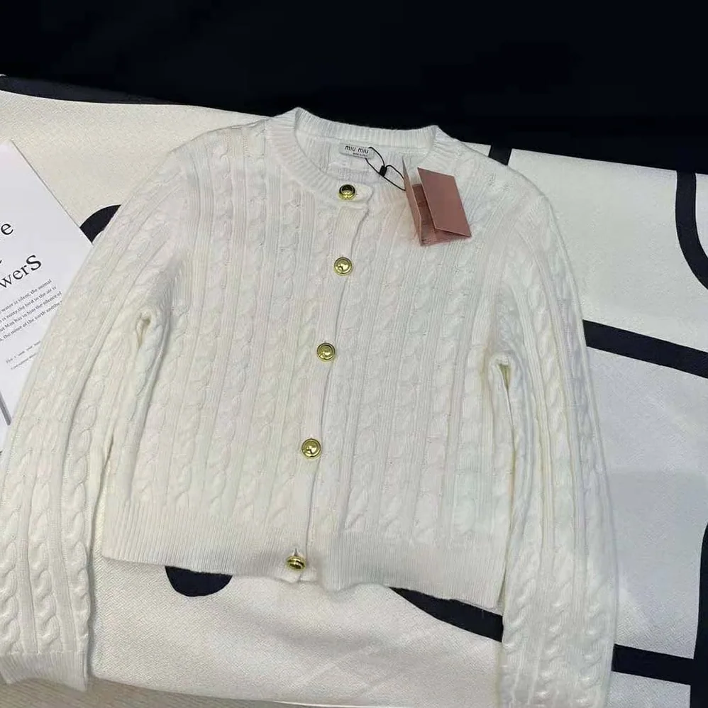 Miu Miu Cashmere Cardigan with Knit Logo Patch for Women Miu Miu Cashmere Cardigan with Knit Logo Patch for Women