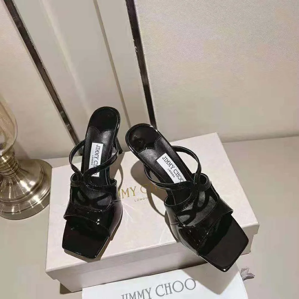 Jimmy Choo Anise 95 Black Patent Leather Mules for Women in Black Jimmy Choo Anise 95 Black Patent Leather Mules for Women in Black