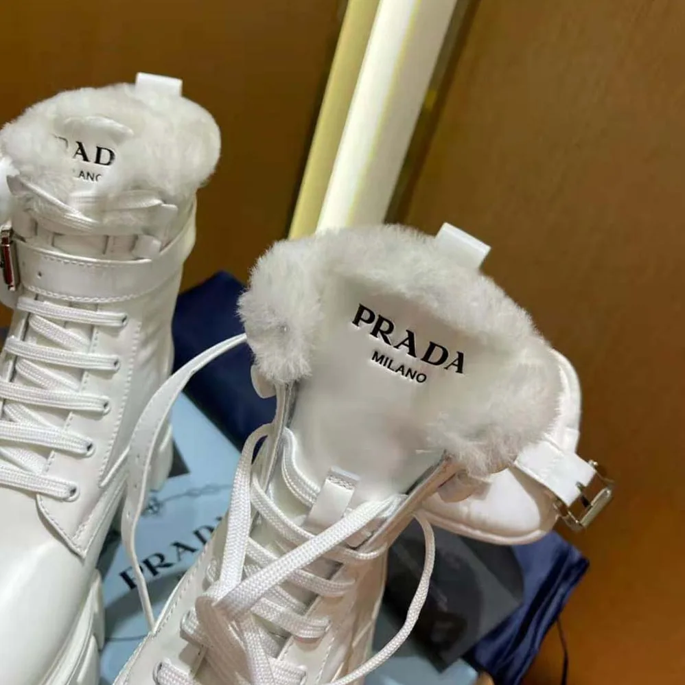 Prada Monolith Leather and Nylon Biker Boots for Women in White