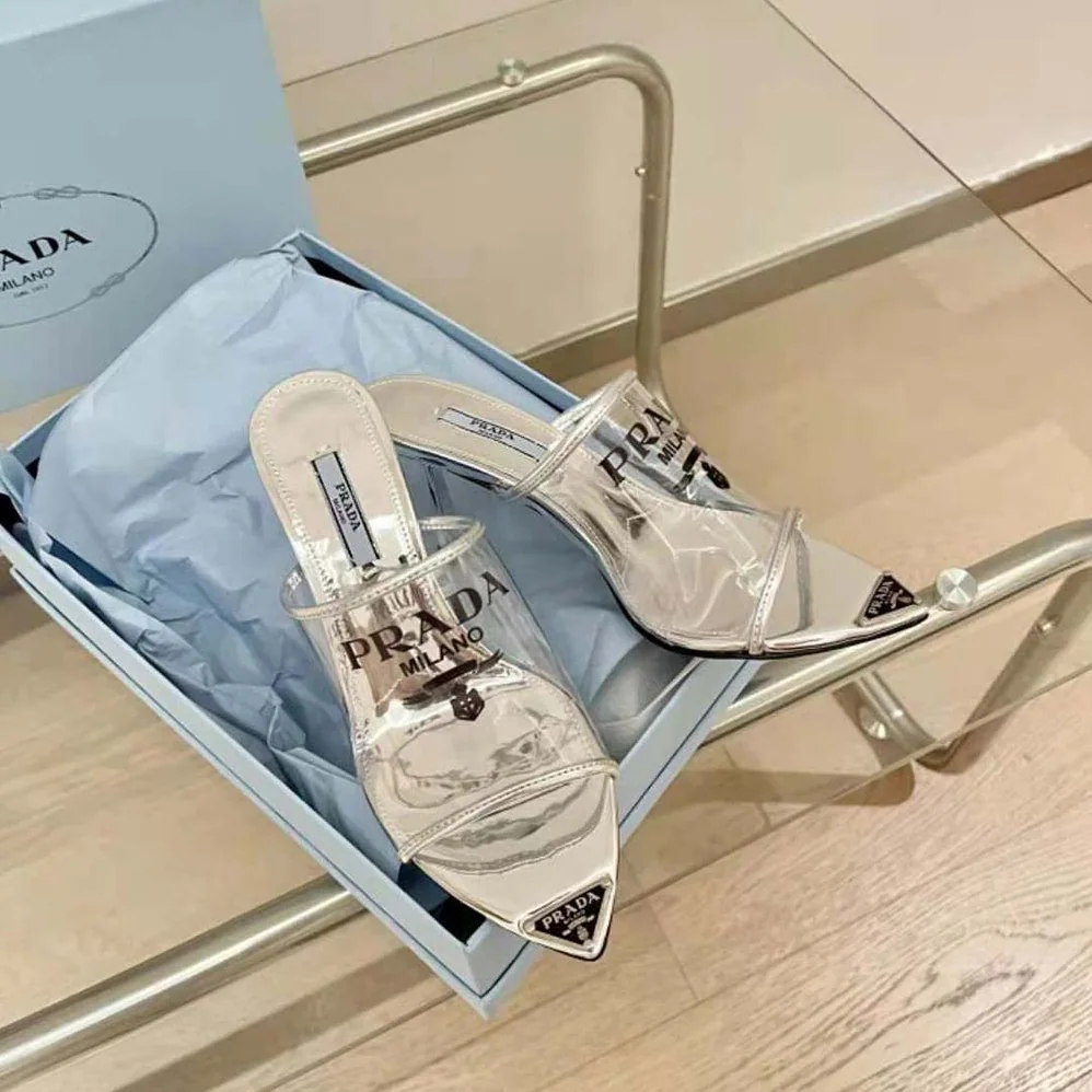 Prada Logo-print Plexiglas High-Heel Slides in 75mm Heel Height for Women Prada Logo-print Plexiglas High-Heel Slides in 75mm Heel Height for Women