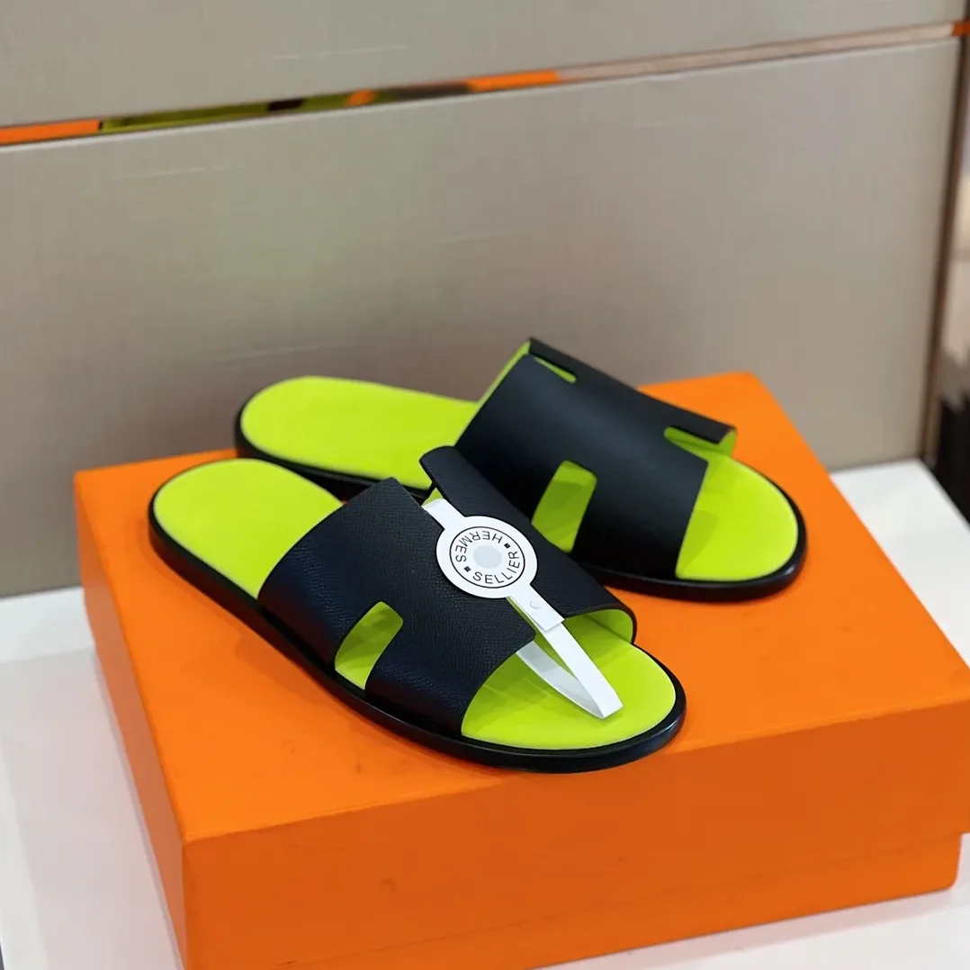Hermes Izmir Sandals Black in Fluorescent Yellow