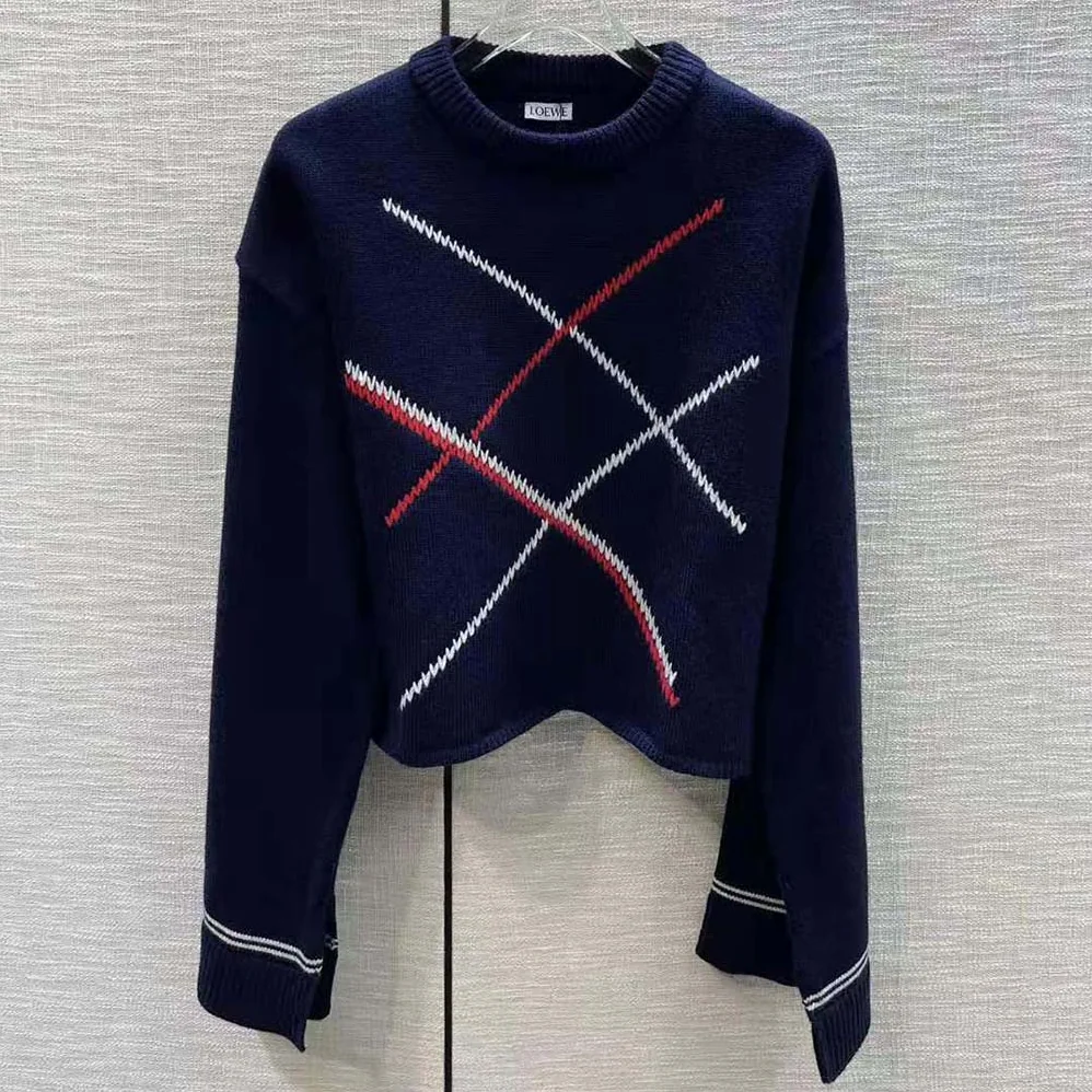 Loewe Cropped Argyle Sweater in Wool for Women in Navy Loewe Cropped Argyle Sweater in Wool for Women in Navy