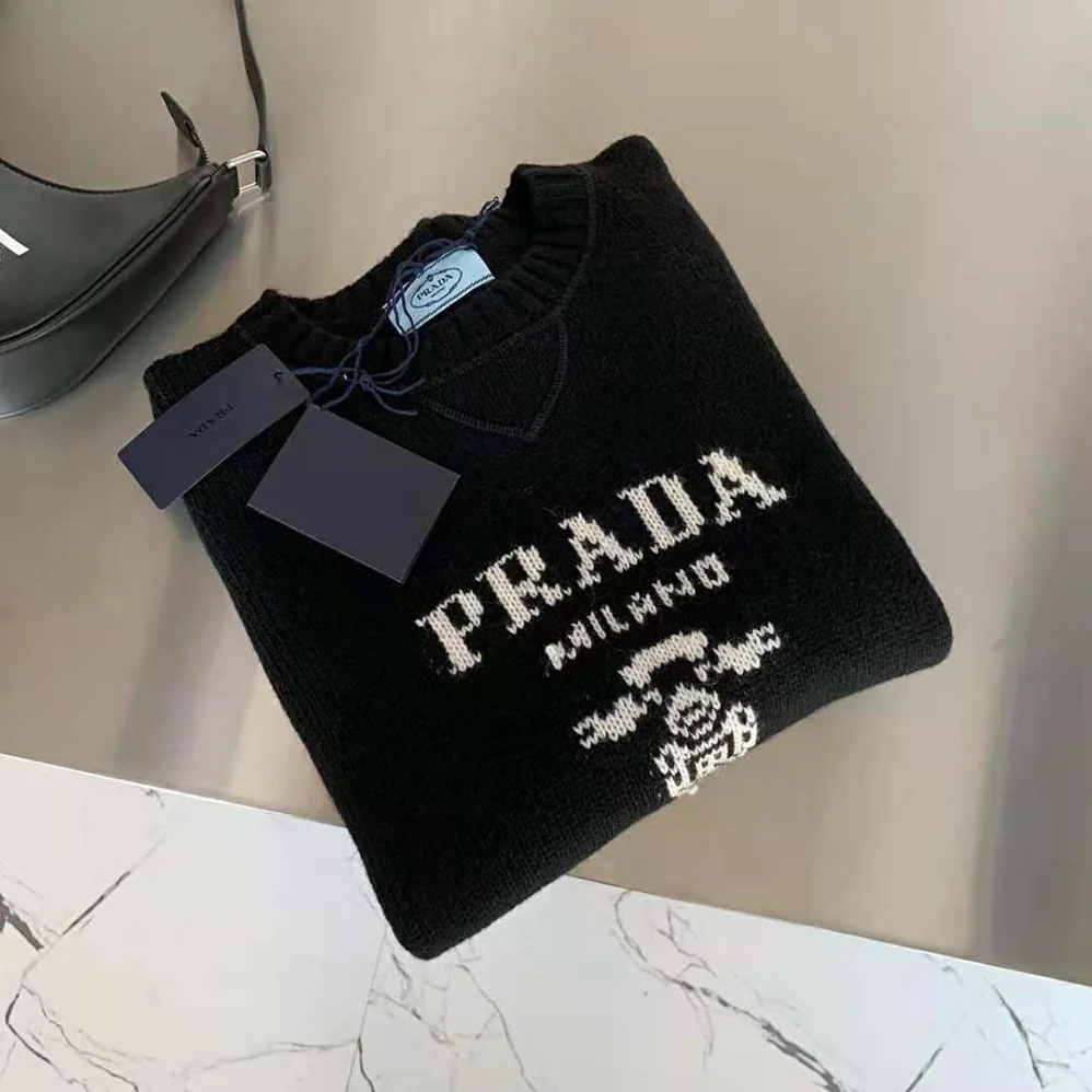 Prada Cashmere and Wool Prada Logo Crew-Neck Sweater for Women in Black Prada Cashmere and Wool Prada Logo Crew-Neck Sweater for Women in Black