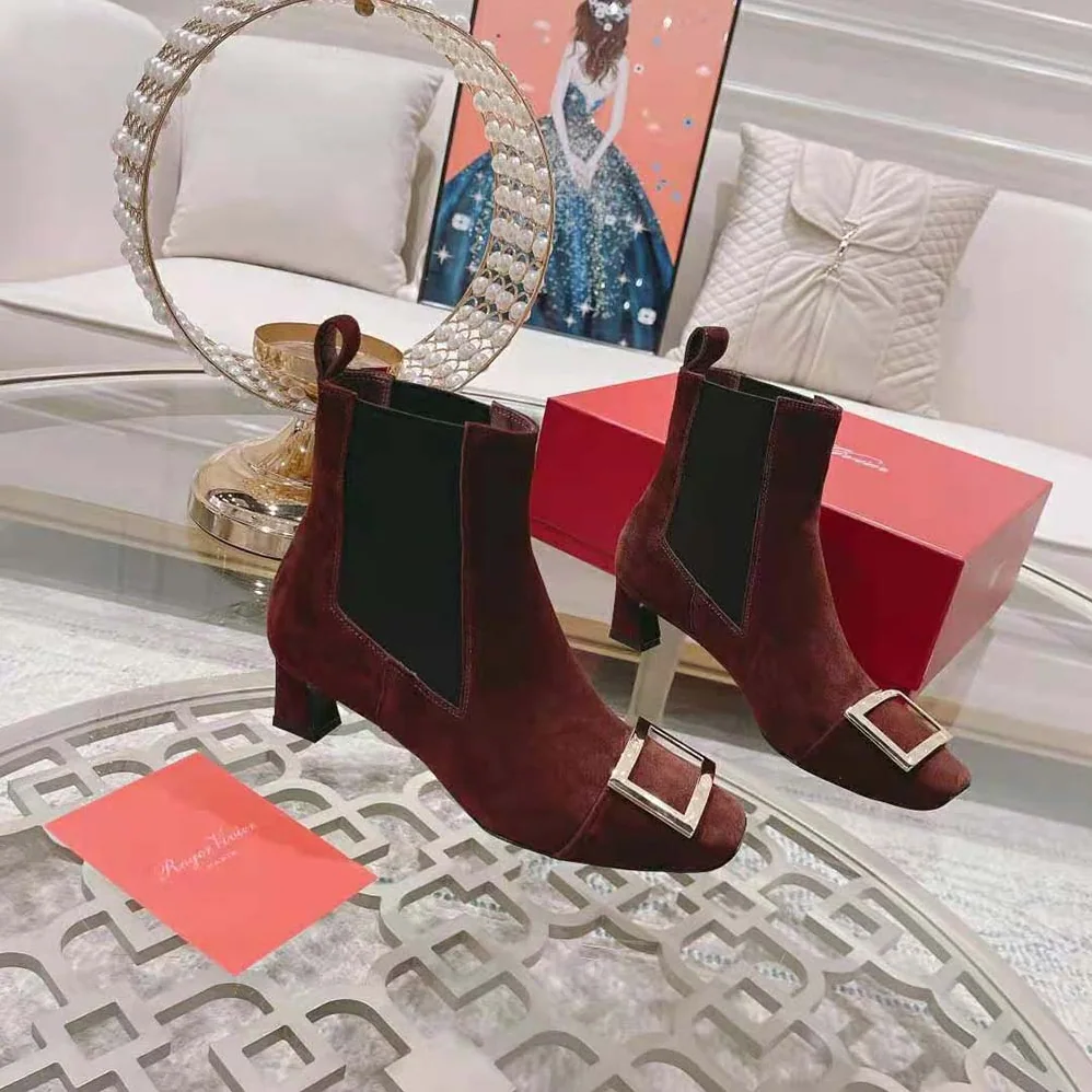 Roger Vivier Trompette Metal Buckle Chelsea Booties in Suede for Women in Maroon Roger Vivier Trompette Metal Buckle Chelsea Booties in Suede for Women in Maroon