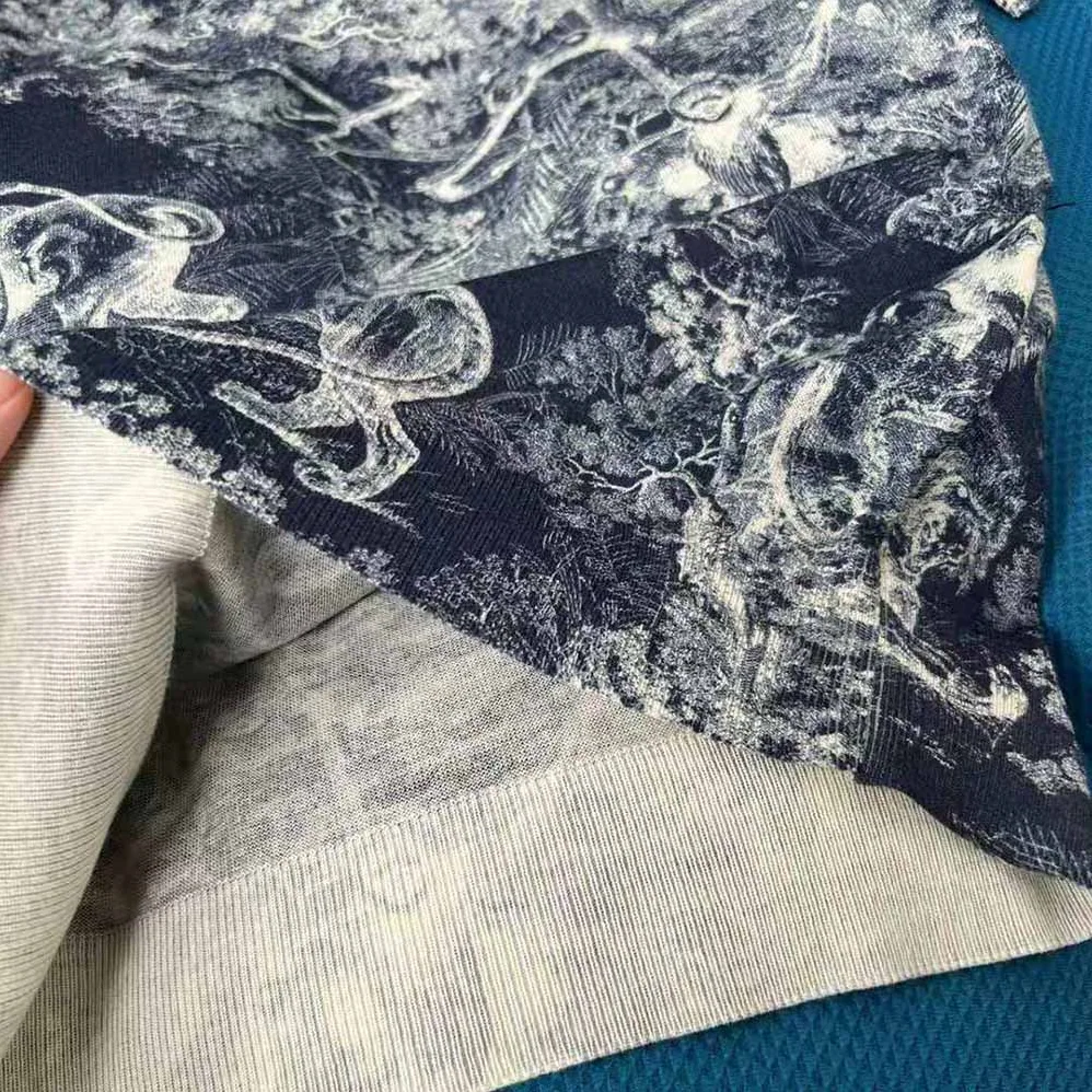 Dior T-shirt Navy Blue Toile de Jouy Cotton and Linen Jersey for Women