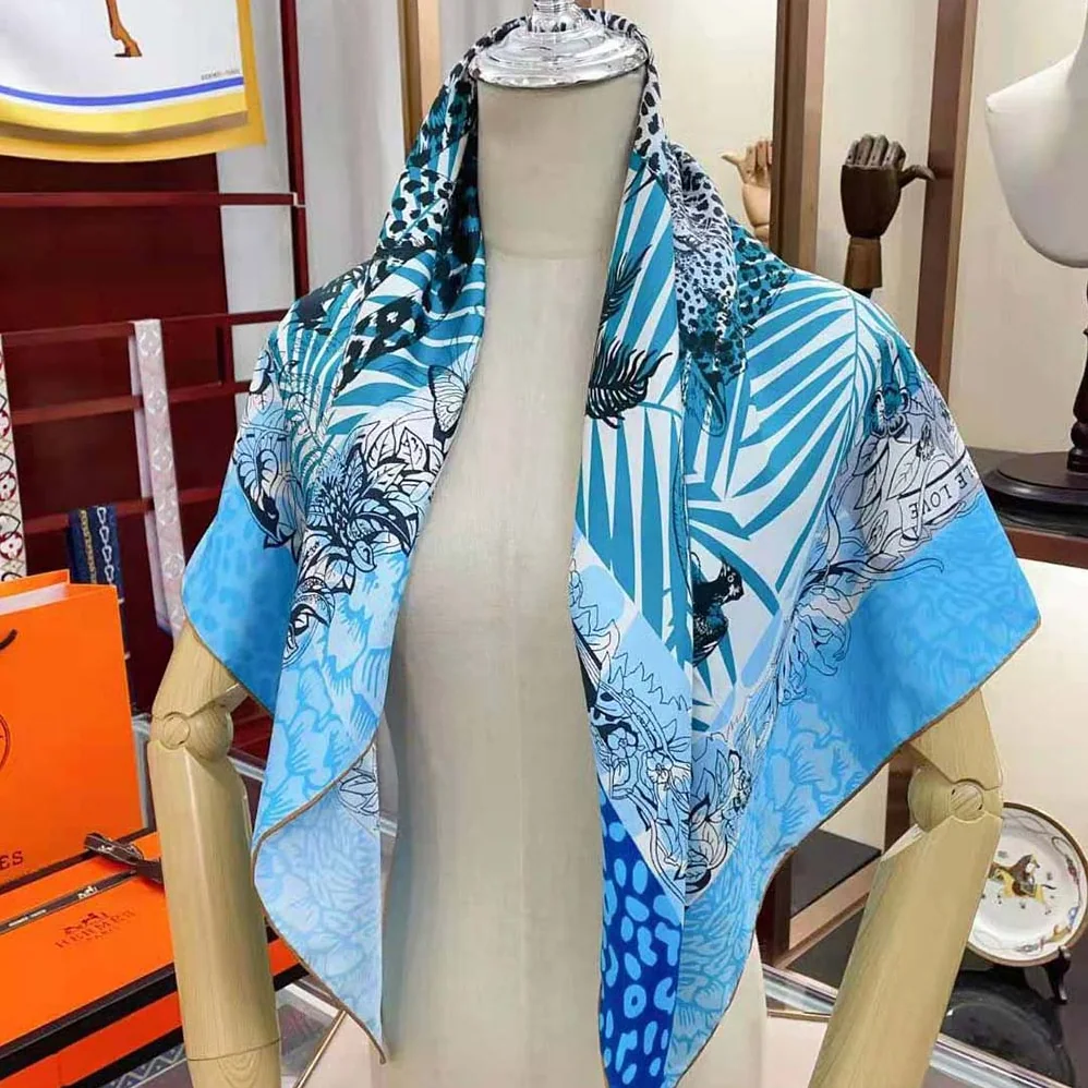 Hermes Jungle Love Stamped Scarf 70 in Silk Twill with Hand-Rolled Edges for Women in Blue