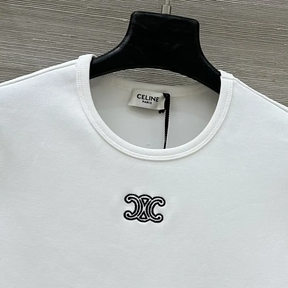 Celine Triomphe T-Shirt In Ribbed Cotton Jersey for Women in White Celine Triomphe T-Shirt In Ribbed Cotton Jersey for Women in White