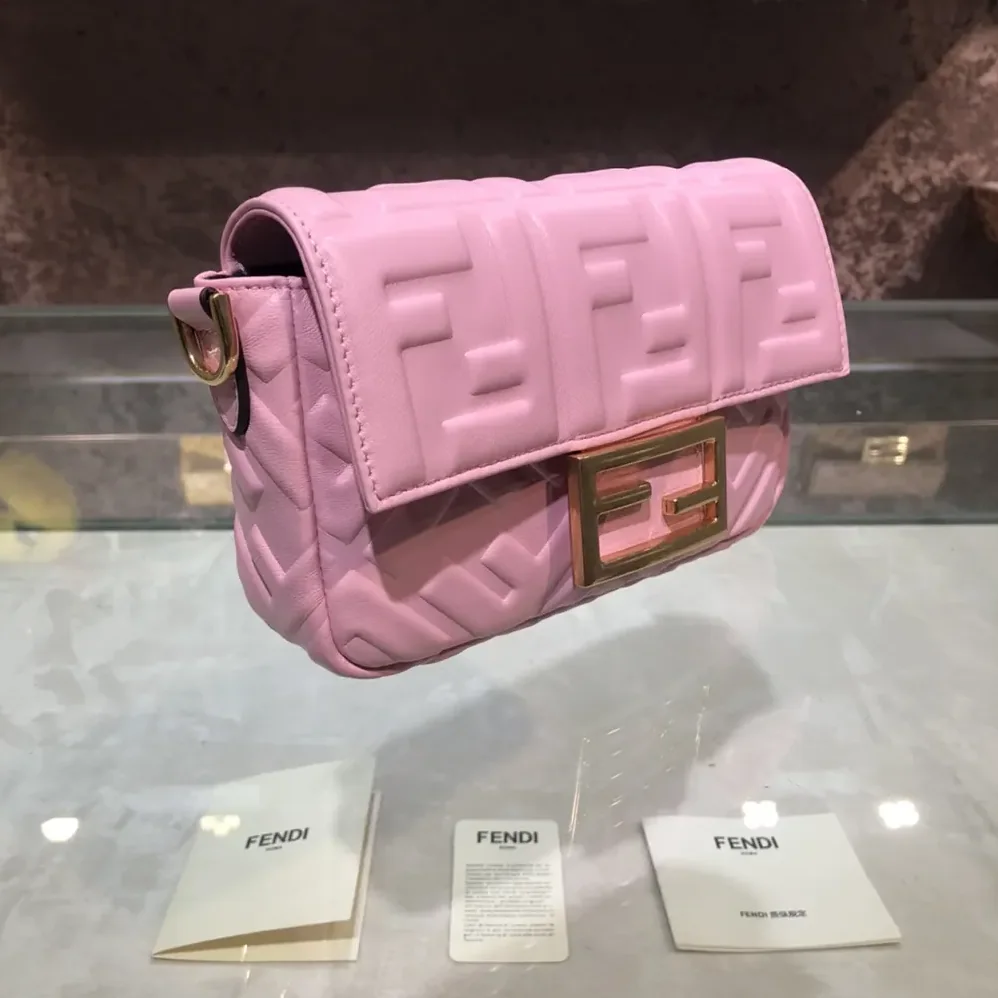 Fendi Baguette Mini Pink Nappa Leather Bag with FF Motif for Women
