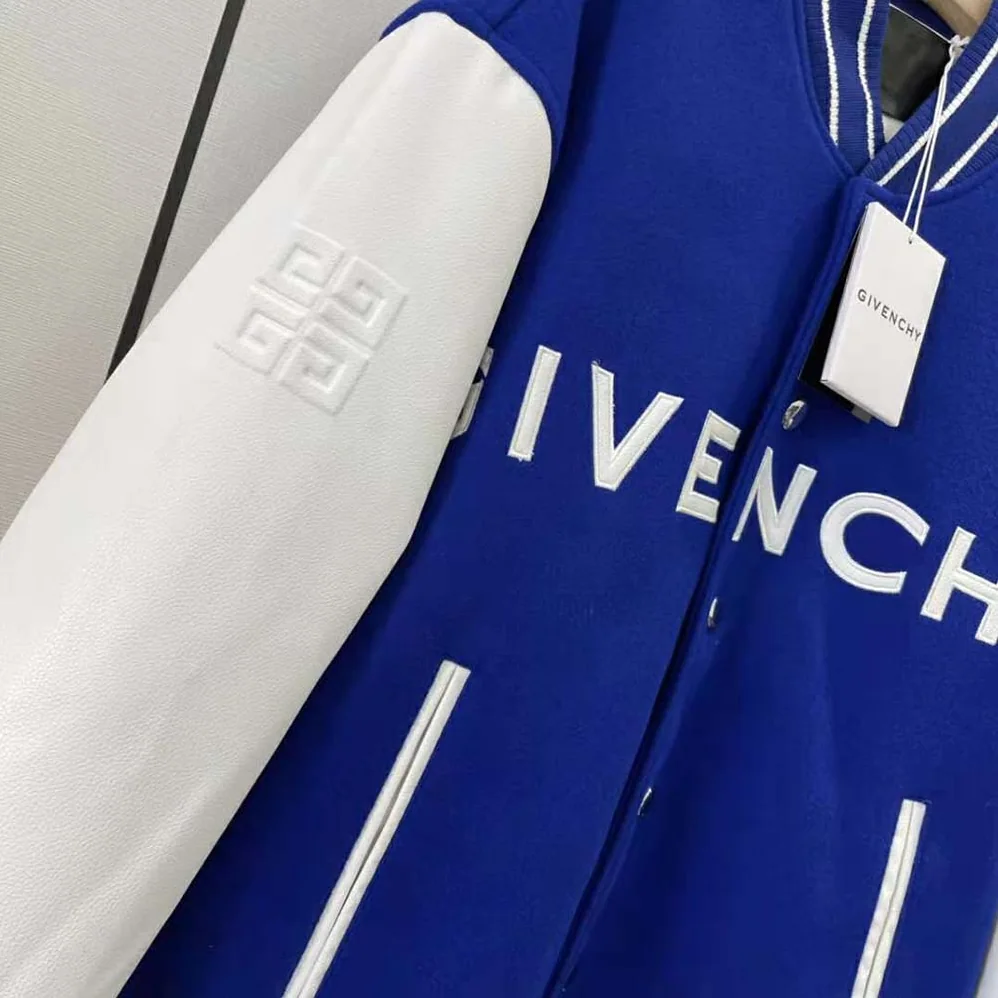 Givenchy Bomber Jacket in Wool and GIVENCHY Leather for Women in White/Blue Givenchy Bomber Jacket in Wool and GIVENCHY Leather for Women in White/Blue