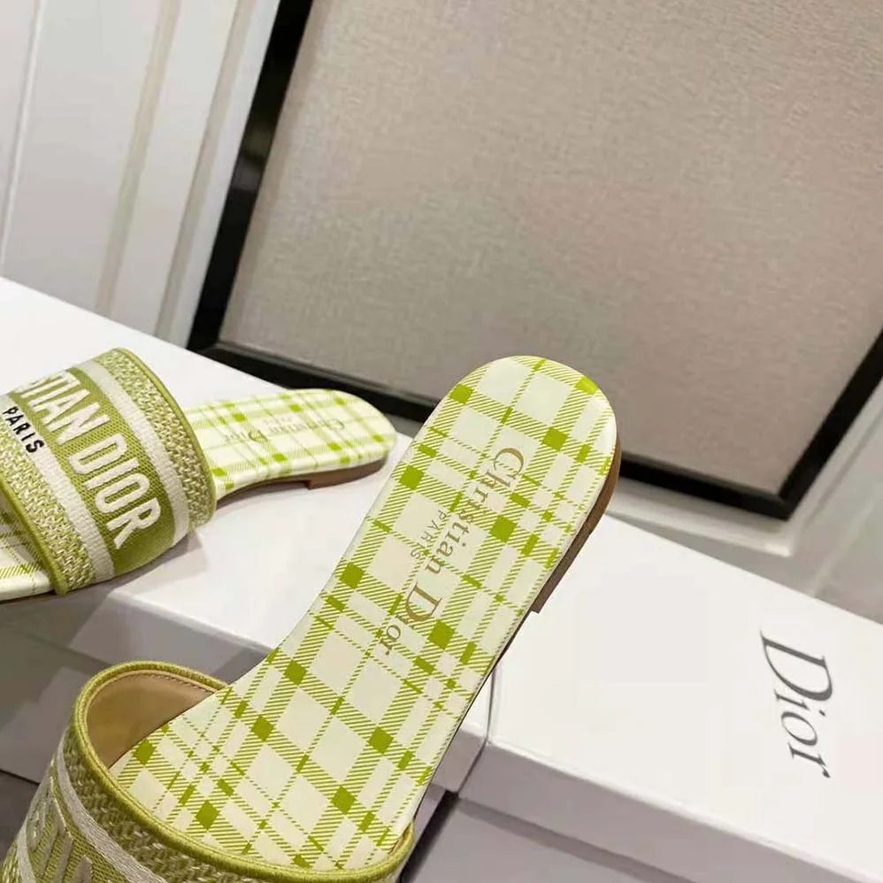 Dior Dway Slide Lime Check n Dior Embroidered Cotton for Women