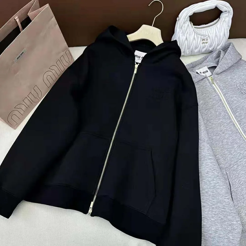 Miu Miu Cotton Hoodie with Embroidered Logo for Women in Black