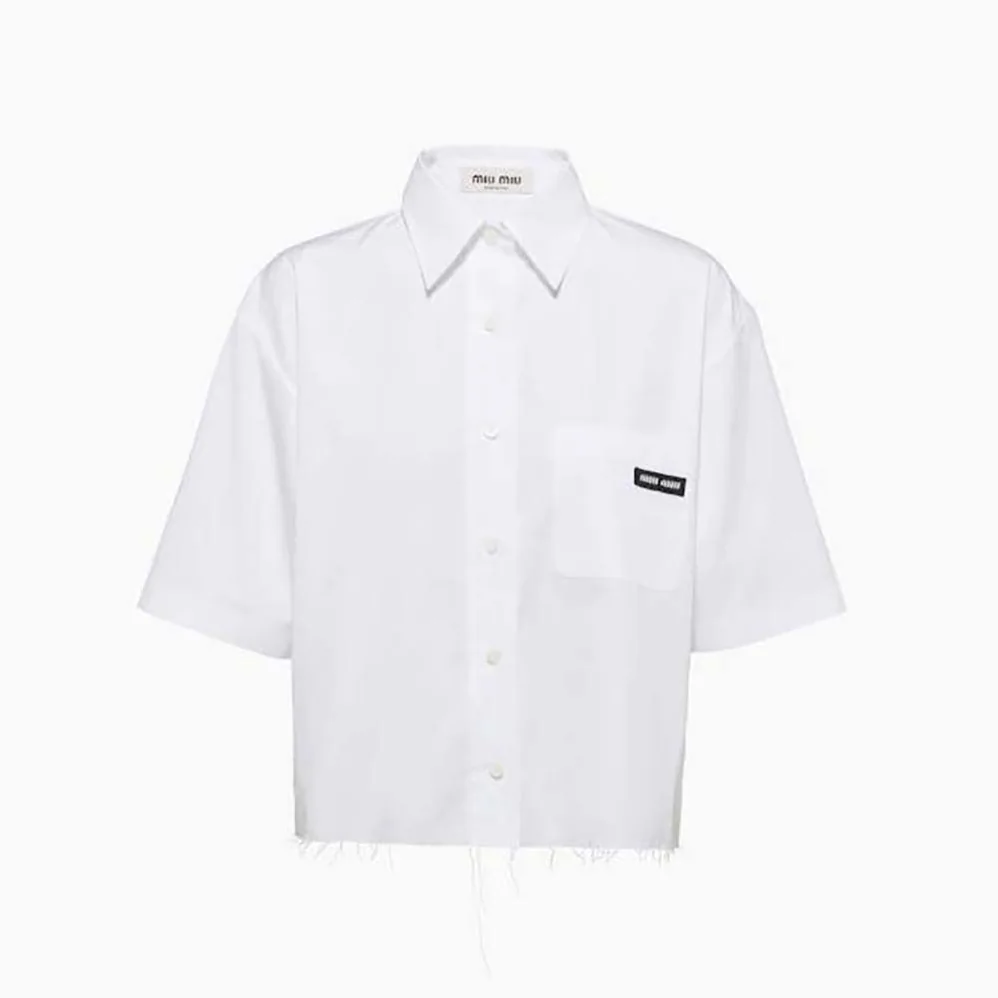 Miu Miu Poplin Shirt with Sartorial Logo Label for Women in White Miu Miu Poplin Shirt with Sartorial Logo Label for Women in White