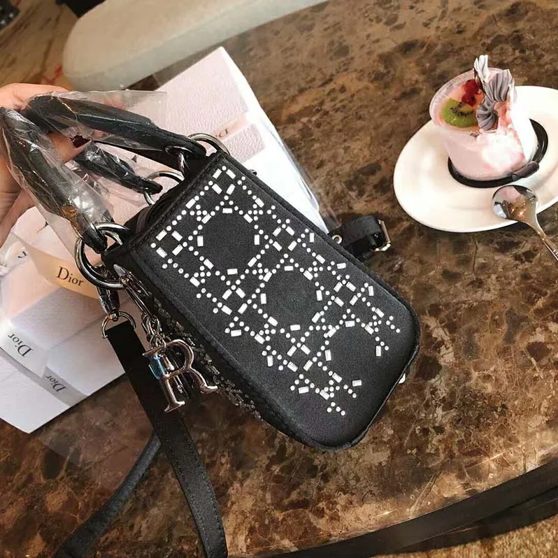 Dior Mini Lady Dior Bag in Black Cannage Satin with Rhinestones Dior Mini Lady Dior Bag in Black Cannage Satin with Rhinestones