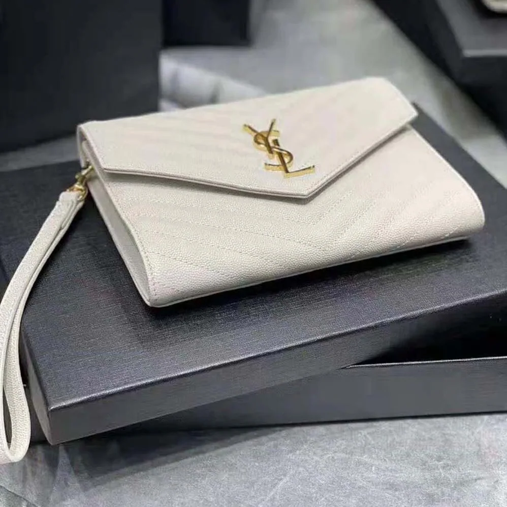 Saint Laurent YSL Monogram Clutch in Quilted Grain de Poudre Embossed Leather for Women