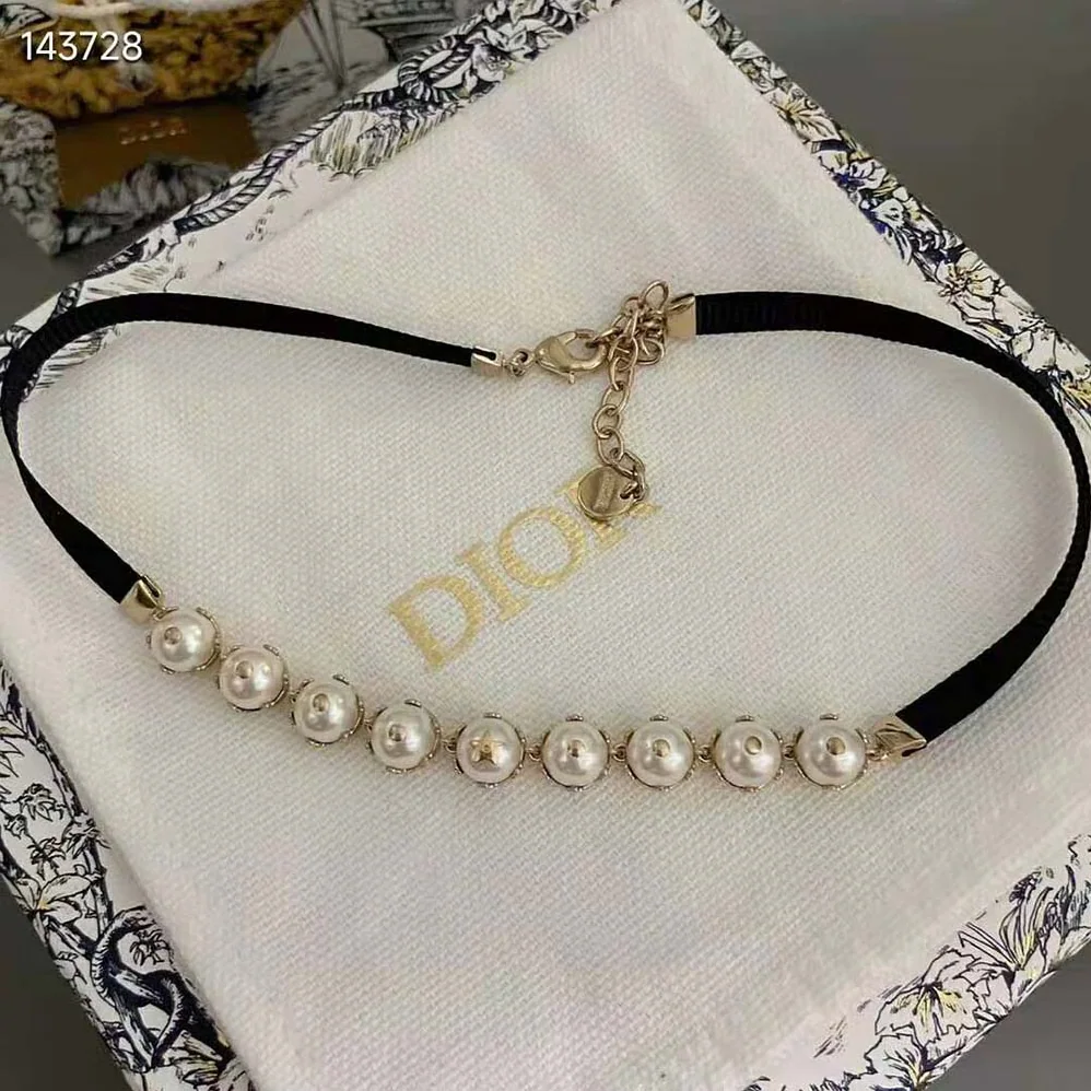 Dior D-Renaissance Choker Gold-Finish Metal with Black Grosgrain and White Resin Pearls for Women Dior D-Renaissance Choker Gold-Finish Metal with Black Grosgrain and White Resin Pearls for Women