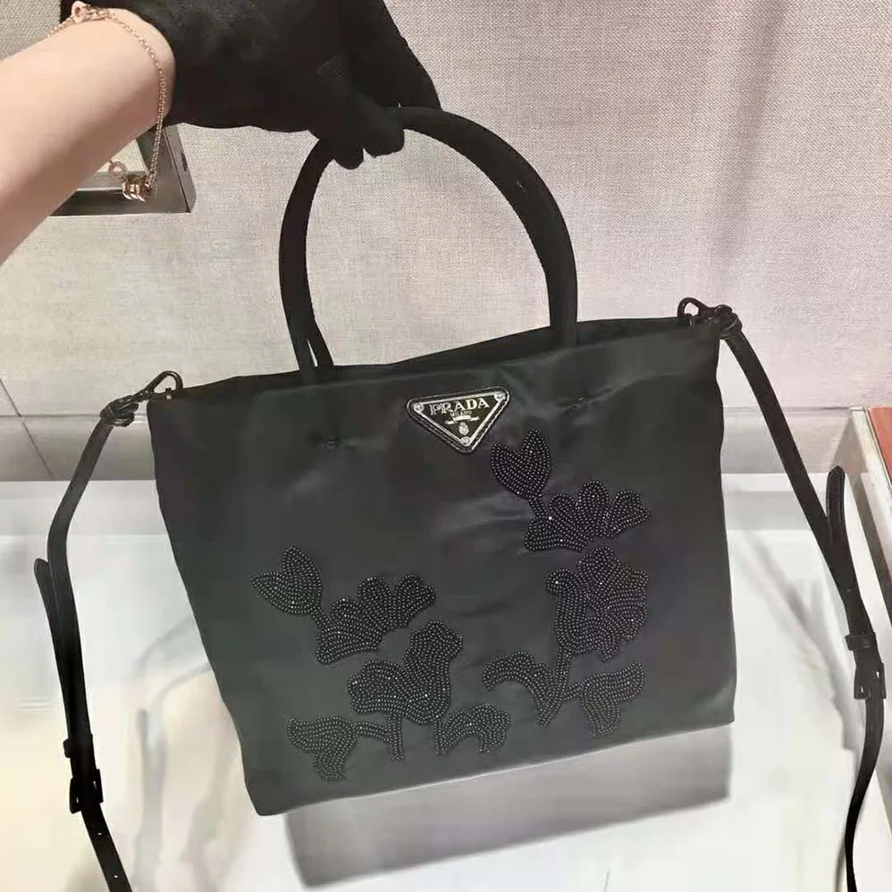 Prada Embroidered Nylon in Leather Handbag for Women in Black Prada Embroidered Nylon in Leather Handbag for Women in Black