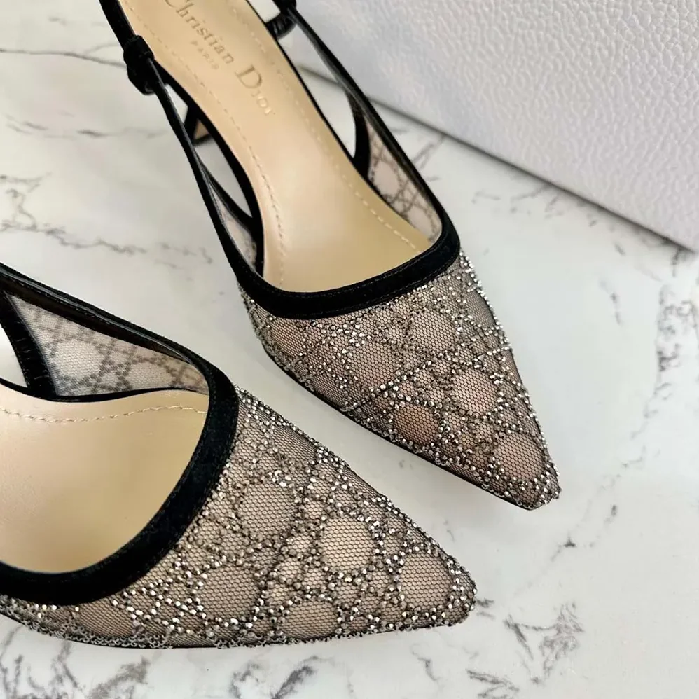 Dior Capture Slingback Pump Transparent Mesh with Silver for Women in Tone Strass Cannage Motif