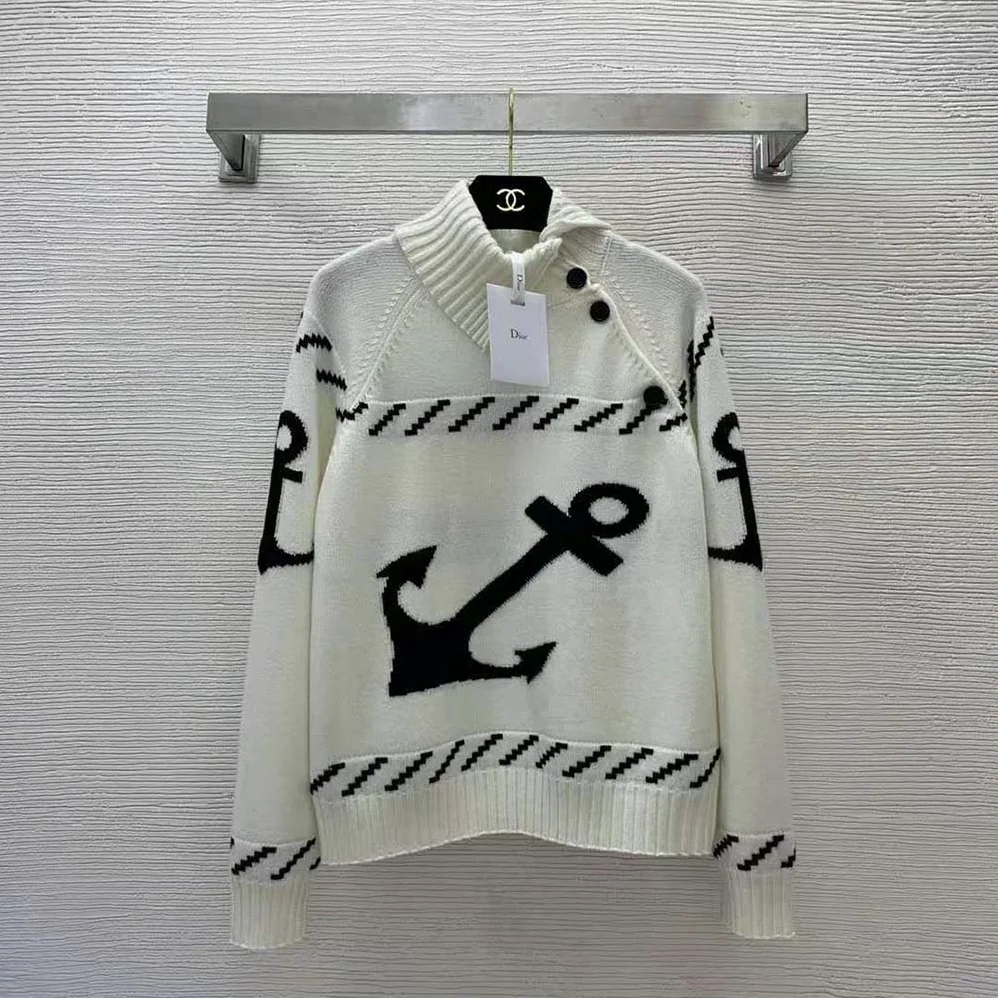 Dior Turtleneck Sweater Ecru and Navy Blue Wool and Cashmere Knit with Signature for Men