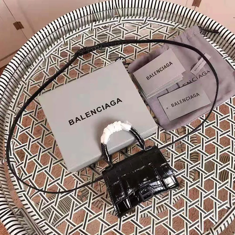 Balenciaga Hourglass Mini Top Handle in Black Shiny Crocodile Embossed Calfskin for Women Balenciaga Hourglass Mini Top Handle in Black Shiny Crocodile Embossed Calfskin for Women