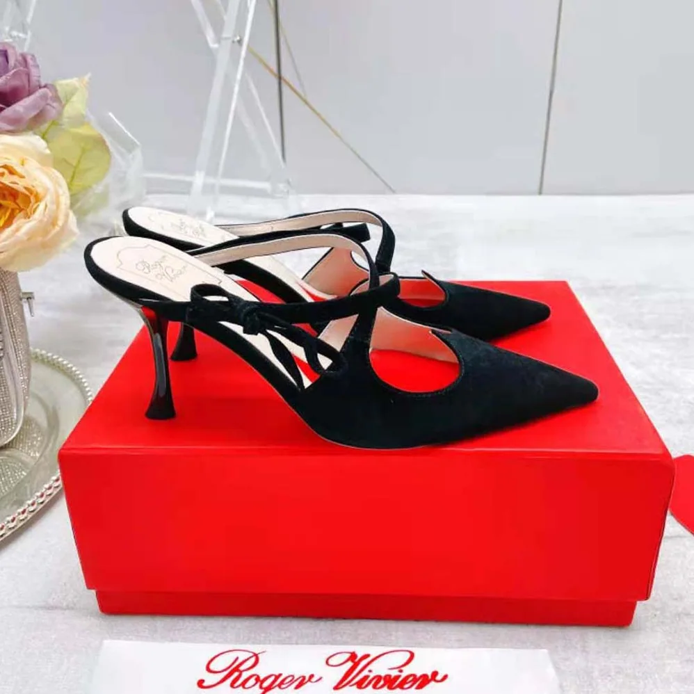 Roger Vivier I Love Vivier Bow String Mules in Suede for Women in Black