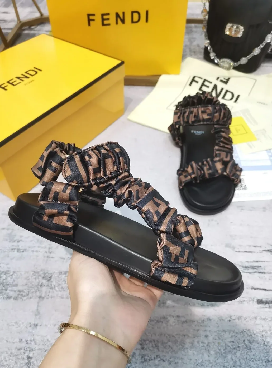 Fendi Feel Brown Satin Sandals 8X8291AE7SF0R7V