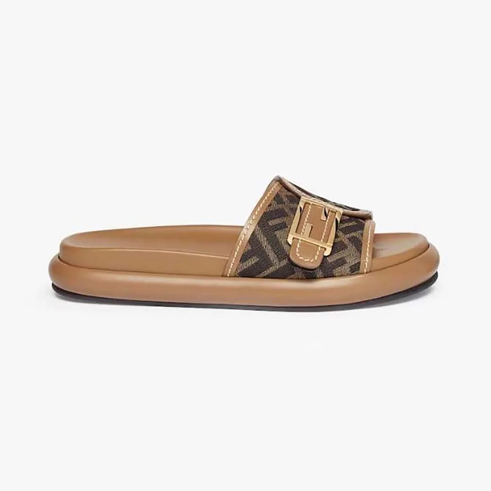 Fendi Feel Brown Fabric Slides for Women