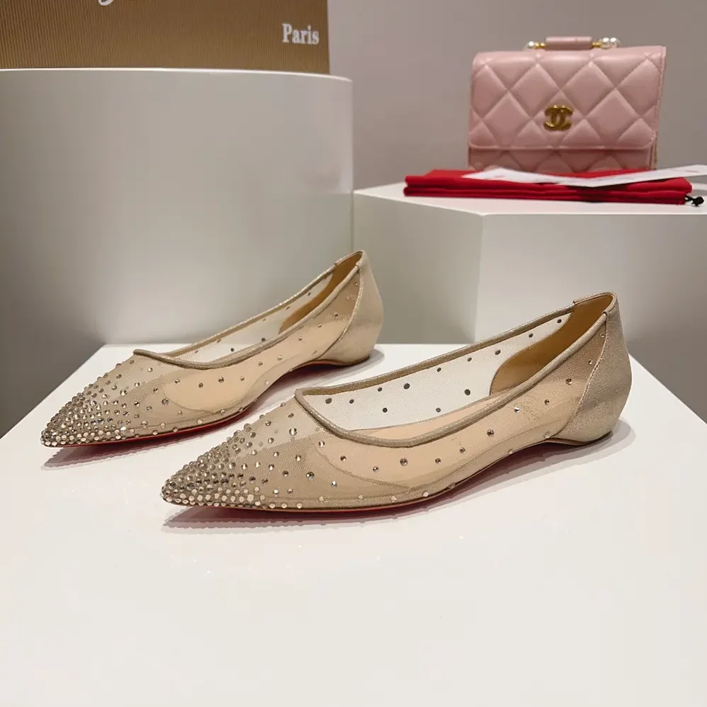 Christian Louboutin Follies Strass Ballerinas Mesh and Suede for Women in Beige Christian Louboutin Follies Strass Ballerinas Mesh and Suede for Women in Beige