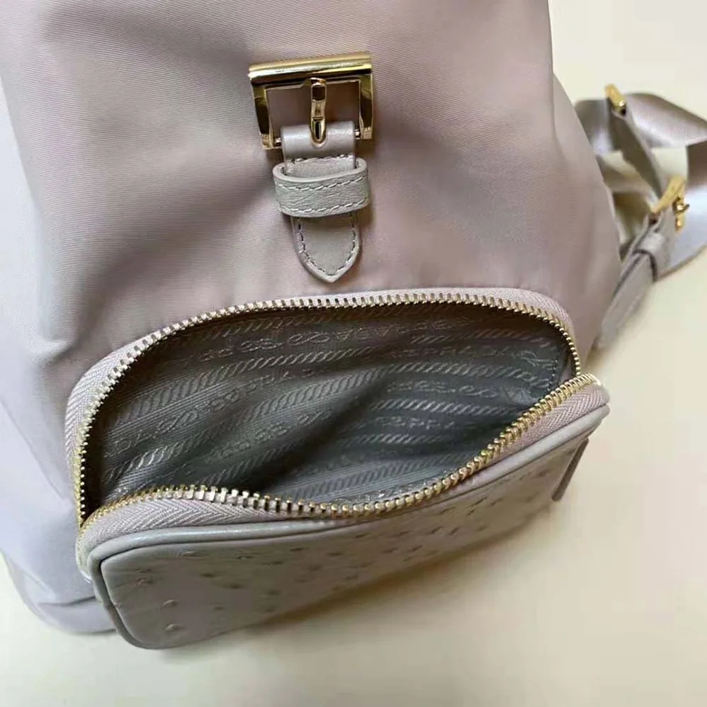 Prada Re-Nylon and Ostrich Leather Backpack for Women in Pink Prada Re-Nylon and Ostrich Leather Backpack for Women in Pink
