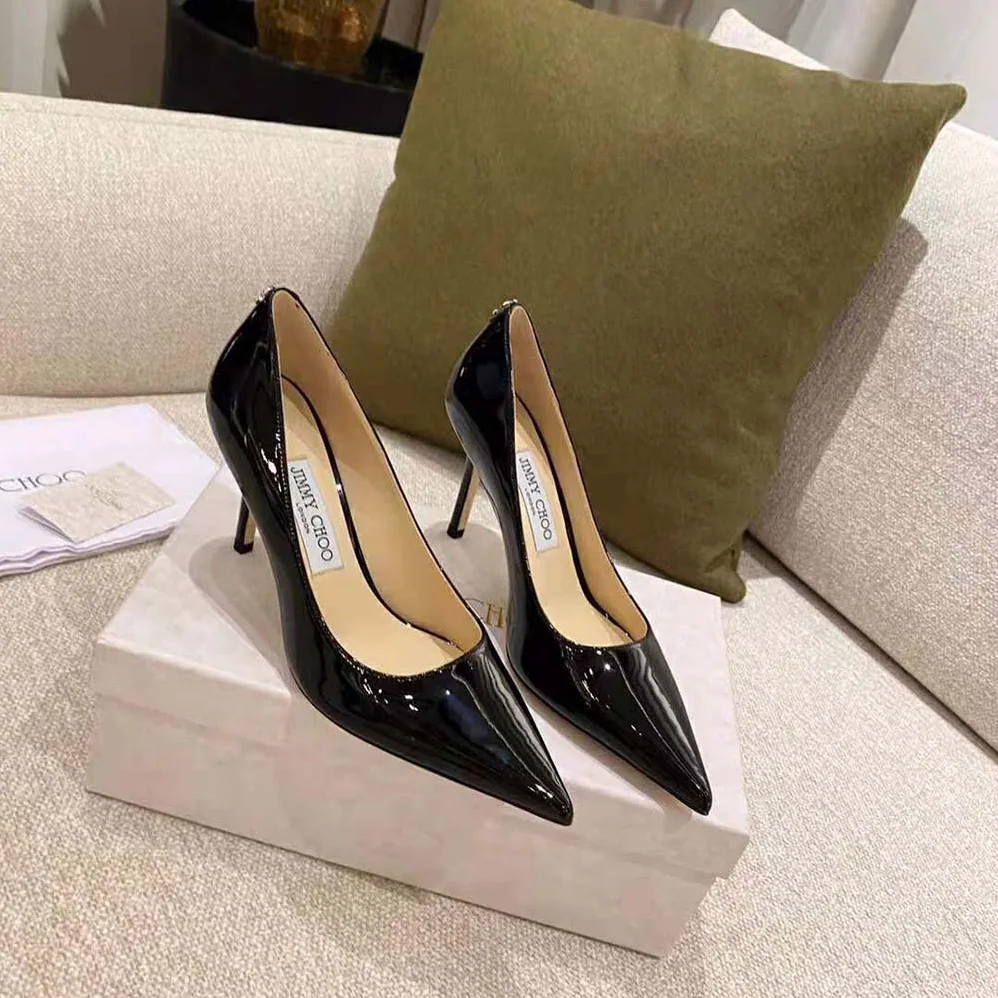 Jimmy Choo Love 100 Black Patent Leather Point-Toe Pumps with JC Emblem for Women Jimmy Choo Love 100 Black Patent Leather Point-Toe Pumps with JC Emblem for Women