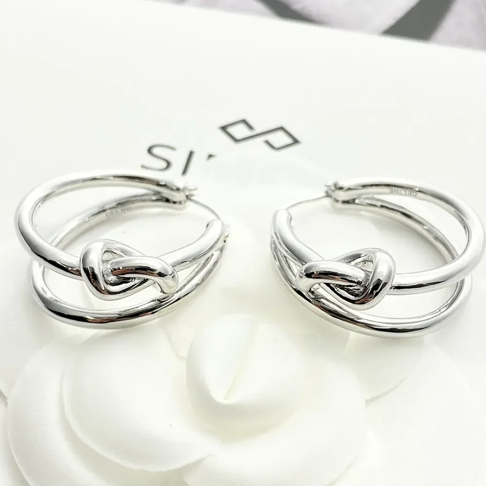 Celine Knot Double Hoops in Brass with Rhodium Finish for Women