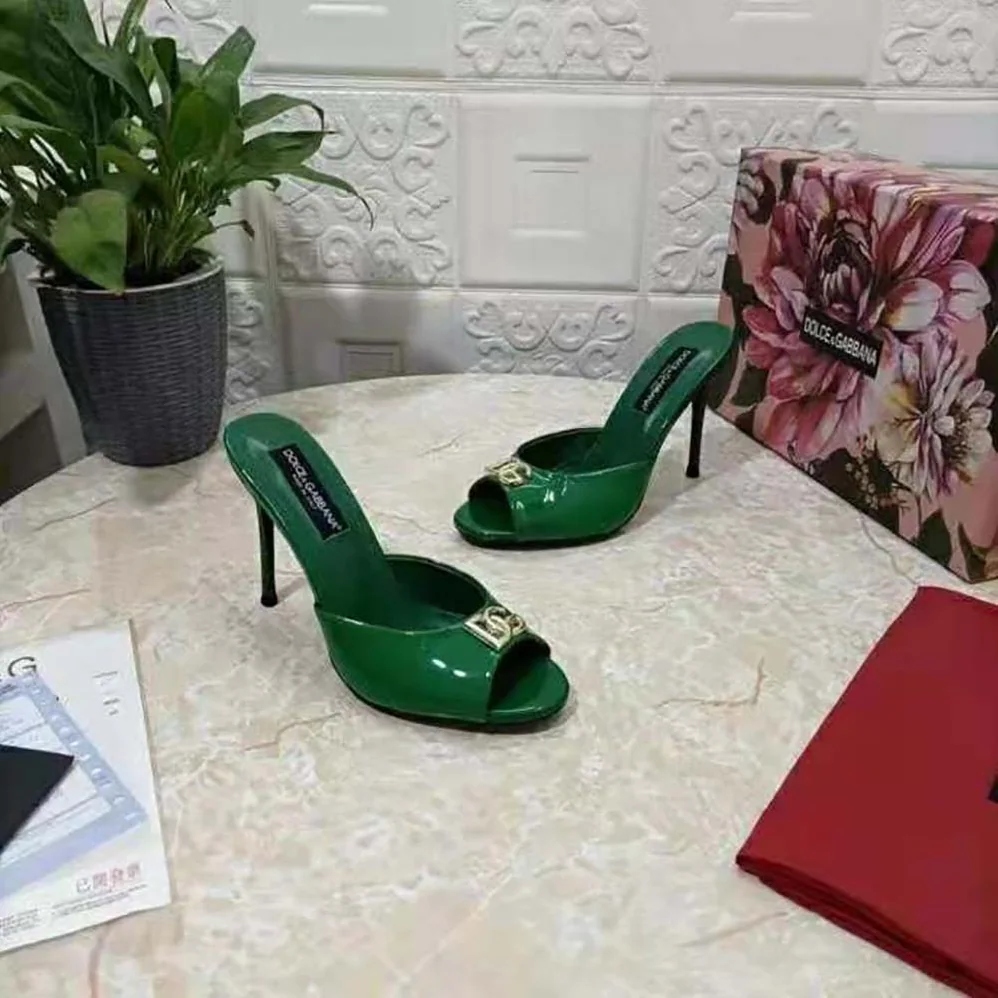Dolce Gabbana D&G Patent Leather Mules with DG Logo for Women in Green